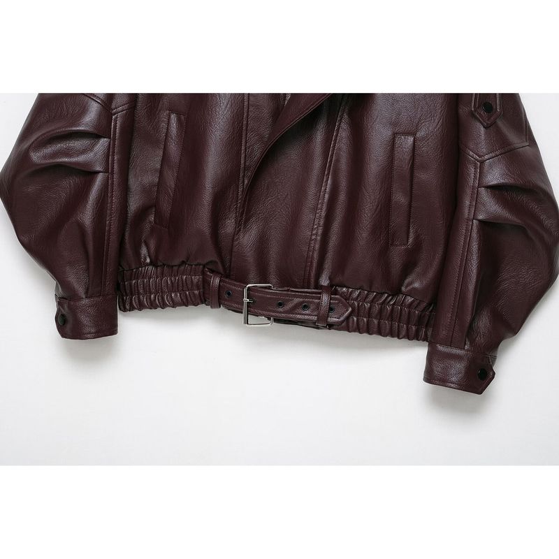 Kaslead New Women clothes Western Style Brown Leather Clothing Heavy Industry Sleeve Profile Short Locomotive Jacket