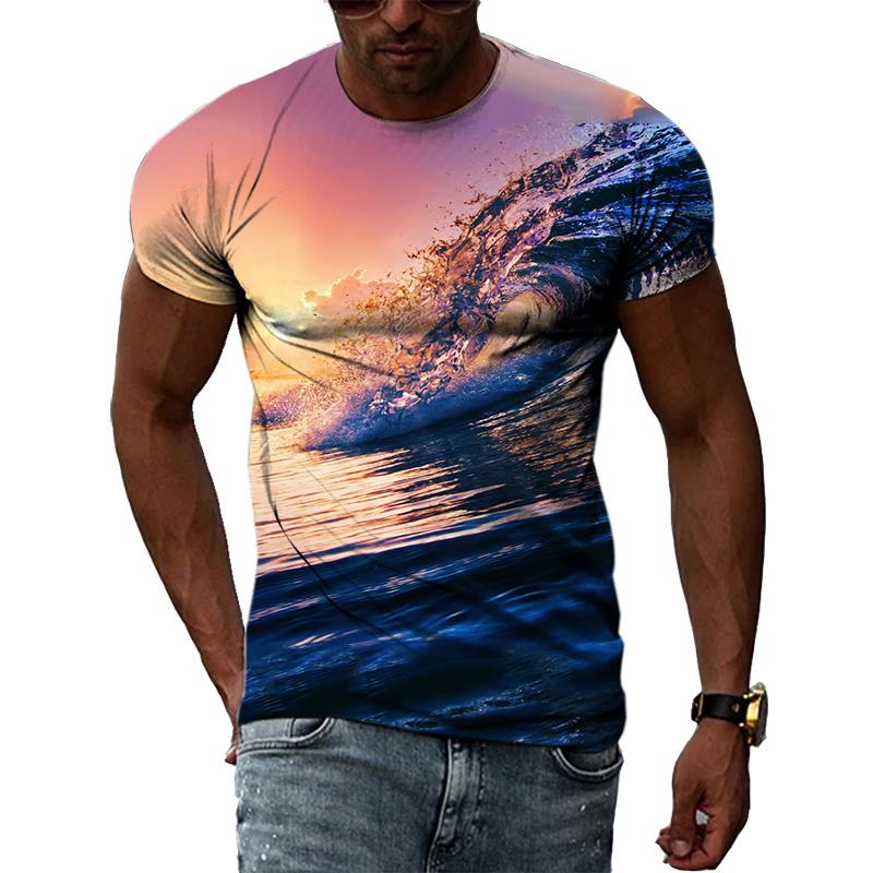 Ocean Wave Pattern T-Shirts Summer Fashion Beach Short Sleeve 3d Printed Top Loose Casual Round neck Holidaywear Mens Tees