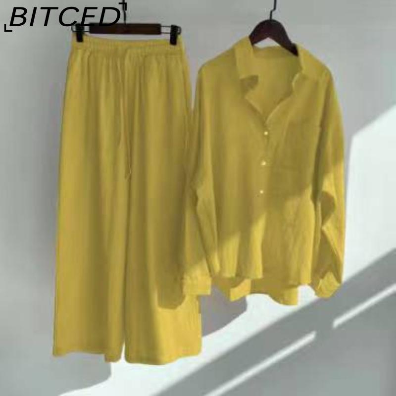 BITCED Women's 2-piece Vintage Plus-size Cotton and Linen Shirt Set High-waisted Loose Trousers