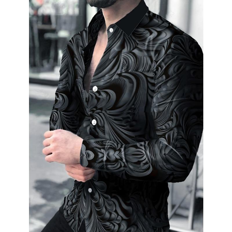 Men's Stylish Long-Sleeve Shirt with Subtle Patterns, Classic Black Series, Full-Print 3D Artistic Design