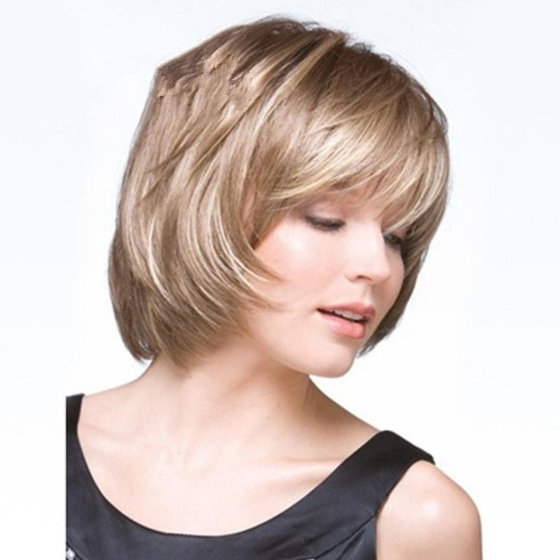 Synthetic Short Blonde Wig for White Women Straight Hair Bob Wig with Bangs Natural Soft Daily Cosplay Halloween Lolita Party