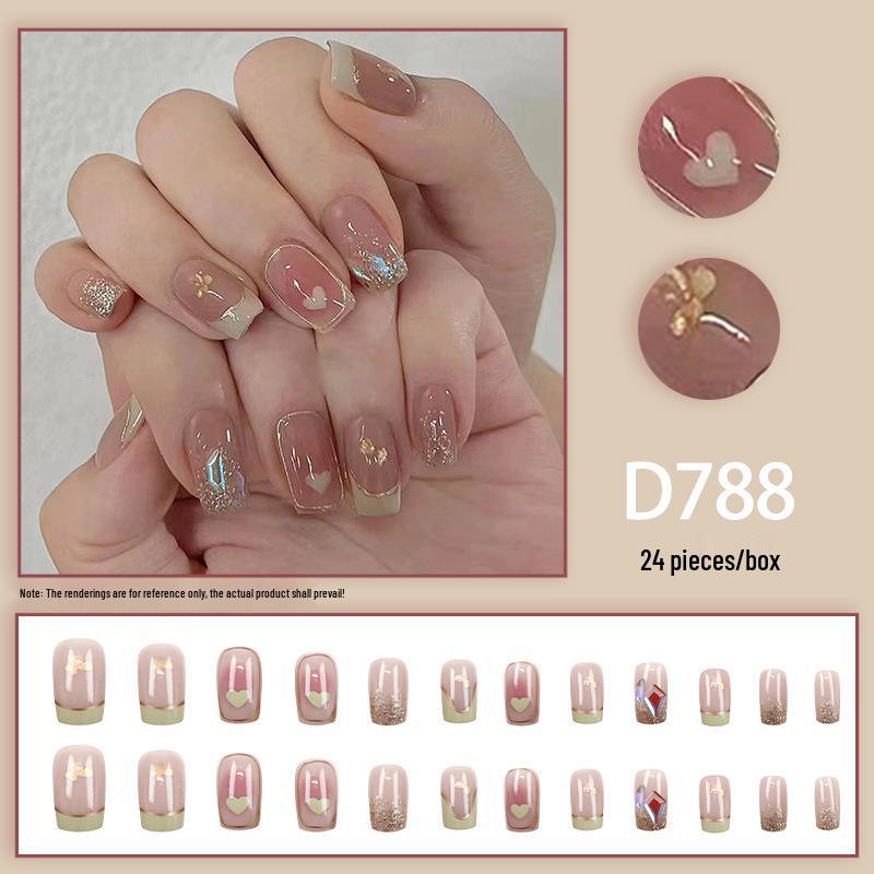 French Heart Sweet Blush Medium-Length Shimmering Milky Yellow Nails, Suitable for Students and Pregnant Women, 24-Piece Set