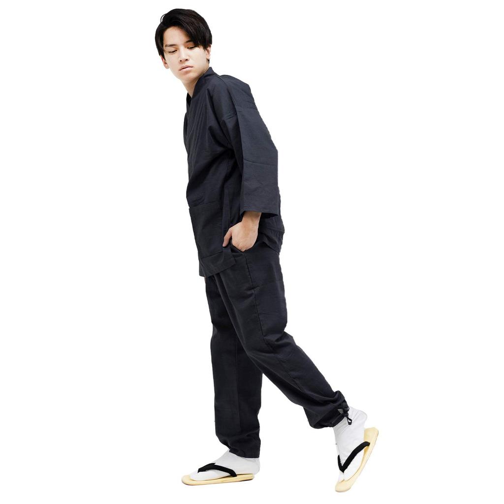 Samue for Spring and Cotton Size [Kyoetsu] (Japanese Workwear) Summer, Washable, Tsumugi-style Fabric, 17, Men's (L, Black)