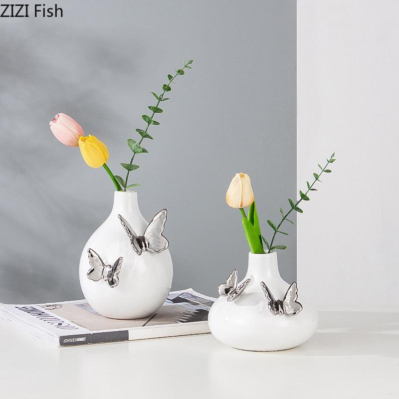 Silver Butterfly Decorative Ceramic Vase Flowers Pots Desk Decoration Flower Arrangement Floral Vases Room Aesthetic Decor