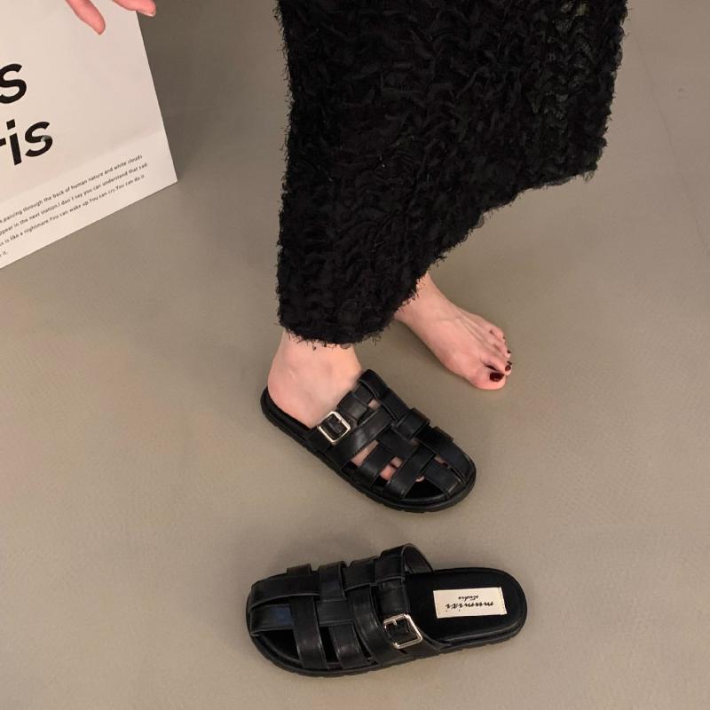 Retro Roman Shoes Women Genuine Leather Mules Round Toe Flat Sandals Buckle Slippers Ladies Fashion Casual Shoes Summer