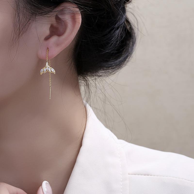 Needle Fish Tail Ear Line for Women with Light Luxury Zirconium Hollow Mermaid Earrings Exquisite High-end Versatile Ear Decoration