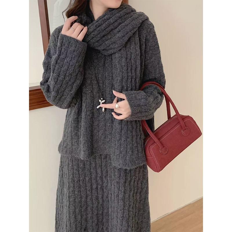 Casual three-piece autumn and winter lazy wind large size long-sleeved scarf knitted sweater skirt set