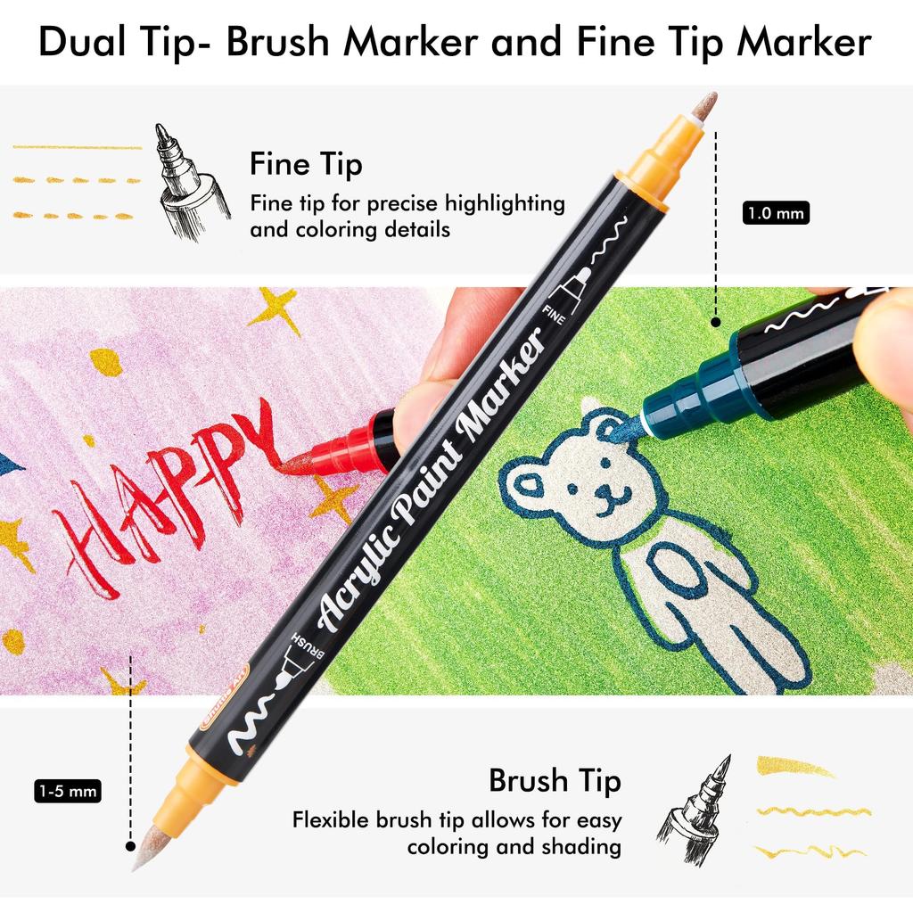 Shuttle Art Acrylic Metallic Brush Fine Tip Twin Paint Suitable for and Art Gift Markers, Colors, & Pen, 28-Color Set, Glitter, Water-Based Markers,