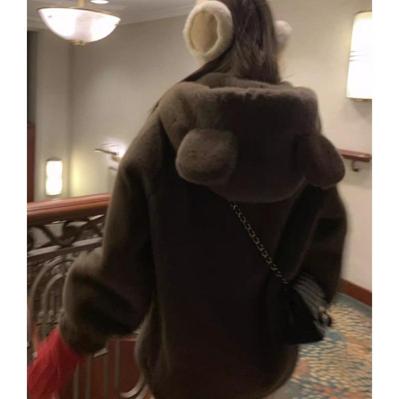 Korean Style Mink Fur Coat Women Winter Warm Hooded Plush Long Thick Jacket