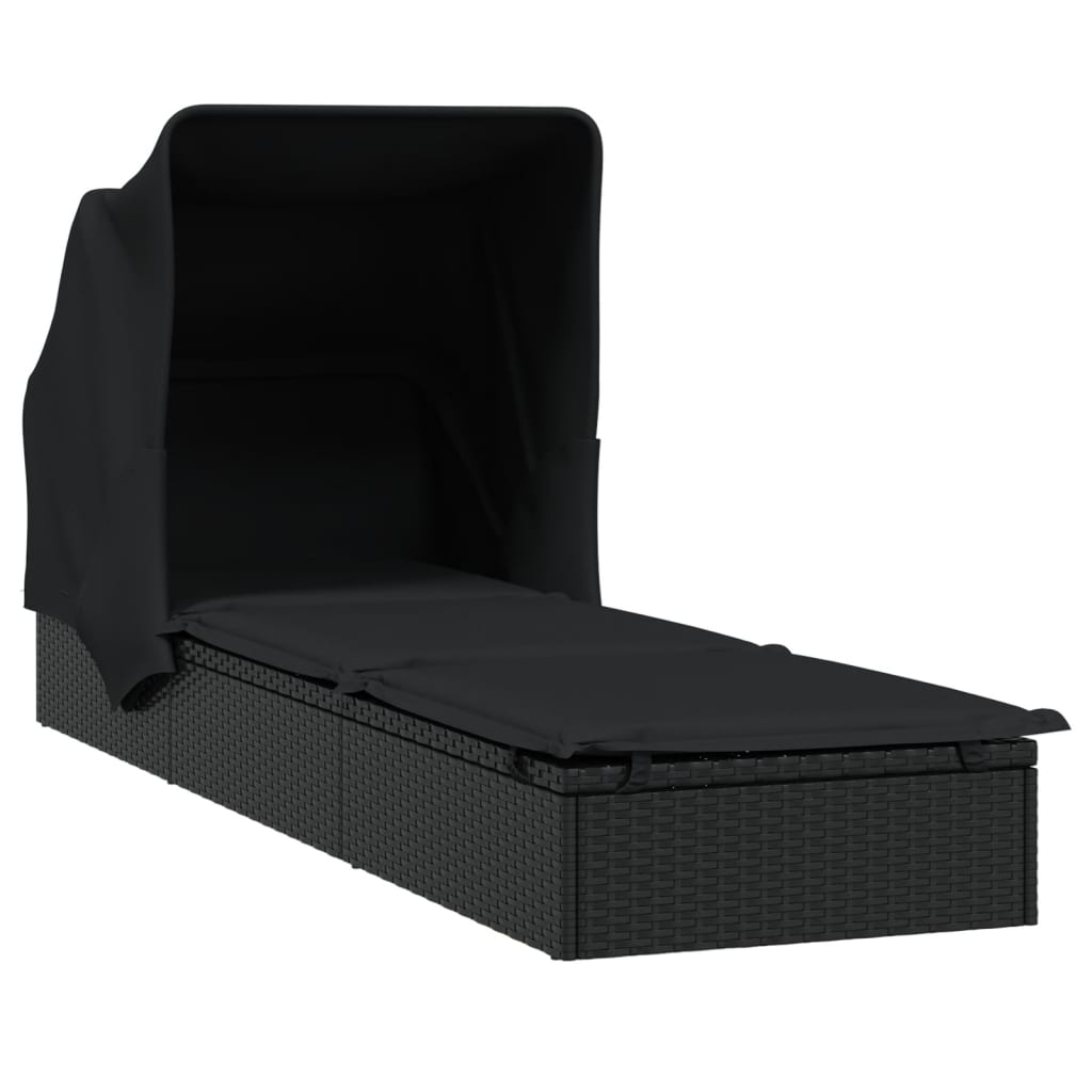 Folding Sun Lounger with Canopy Black 213x63x97 cm Poly Rattan