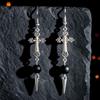 Silver Gothic Cross Earrings with Black Stones and Spikes