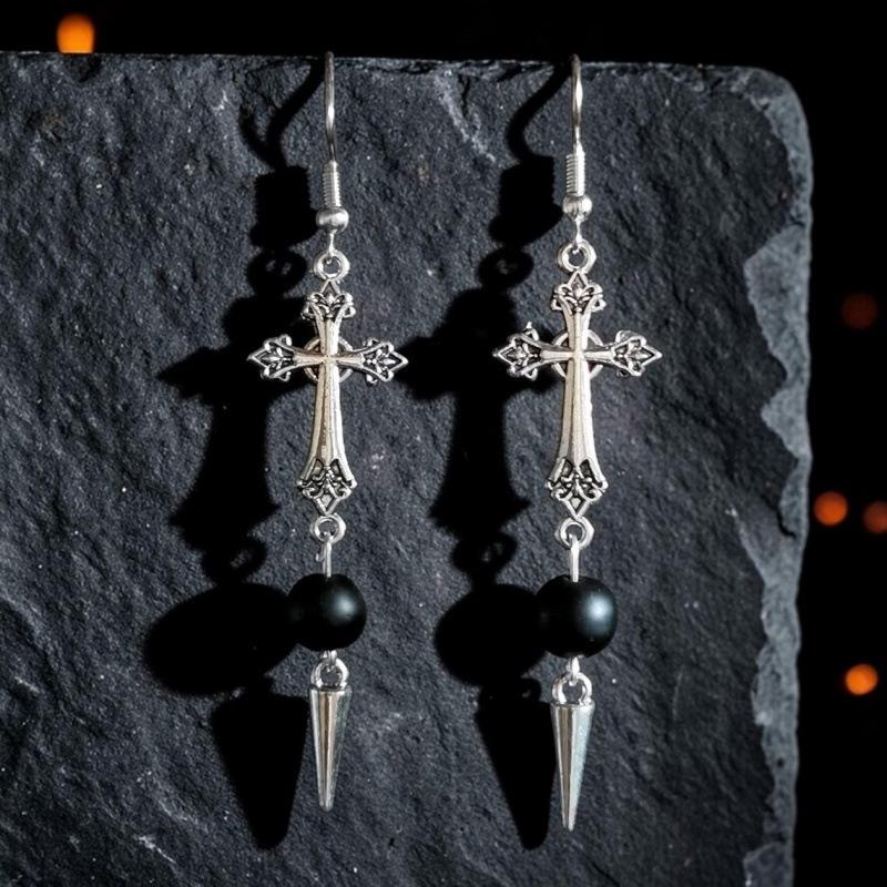 Silver Gothic Cross Earrings with Black Stones and Spikes