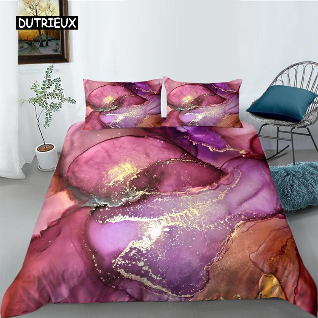 Marble Duvet Cover Set Pink Printed Queen Size Bedding Set Polyester Abstract Print Decor Golden Comforter Cover for Girls Teens
