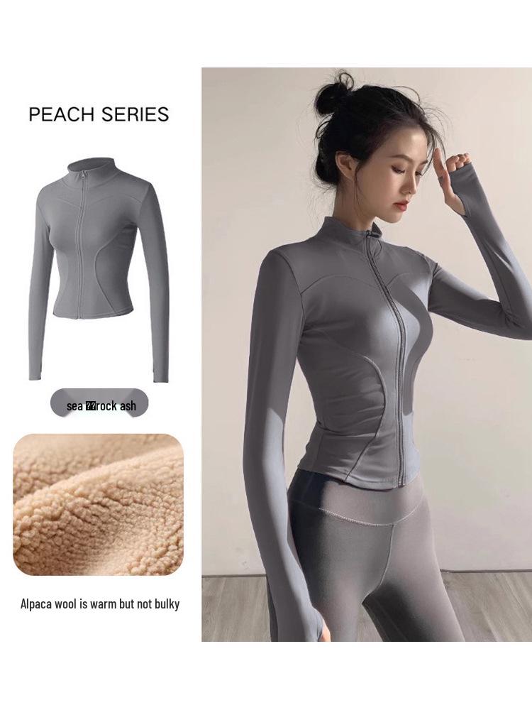 Women's Plush Slim Fit Zipper Yoga Jacket - Thickened, Elastic Long Sleeve, Stand Collar, Warm Autumn & Winter Top
