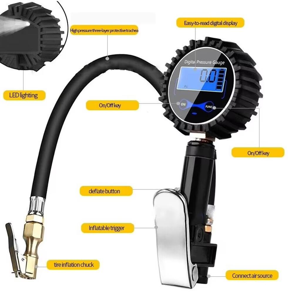 Digital Tire Pressure Inflator Gauge Aluminum Alloy Tyre Pressure Meter Air Line Clip-on Tyre Pump for Motorcycle Bicycle Auto