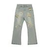 Autumn American high street vibe jeans men's trend ripped design pants retro straight micro-pull pants