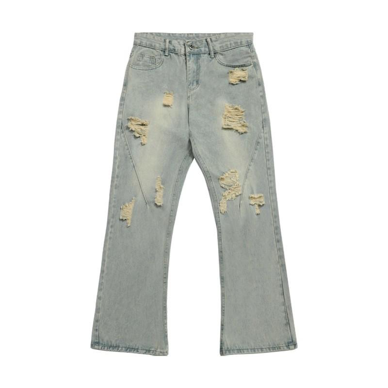 Autumn American high street vibe jeans men's trend ripped design pants retro straight micro-pull pants