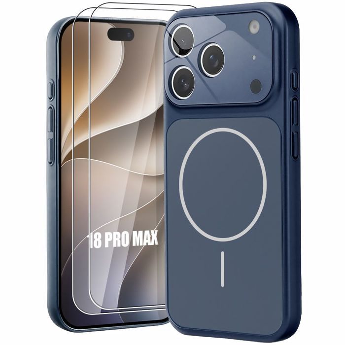 Coque + 2 Verres Trempés pour iPhone 18 Pro Max, Rigide avec Anneau Magnétique - Bleu Marine