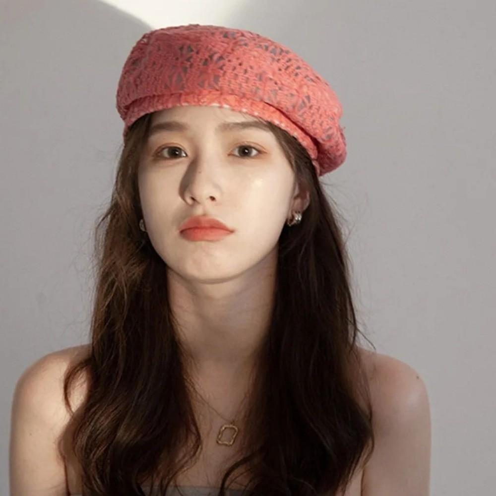 Fashion Multi Colored Lace Beret Hat Slouchy Summer Beanie Cap Breathable Cutout Floral Painter Hat For Women
