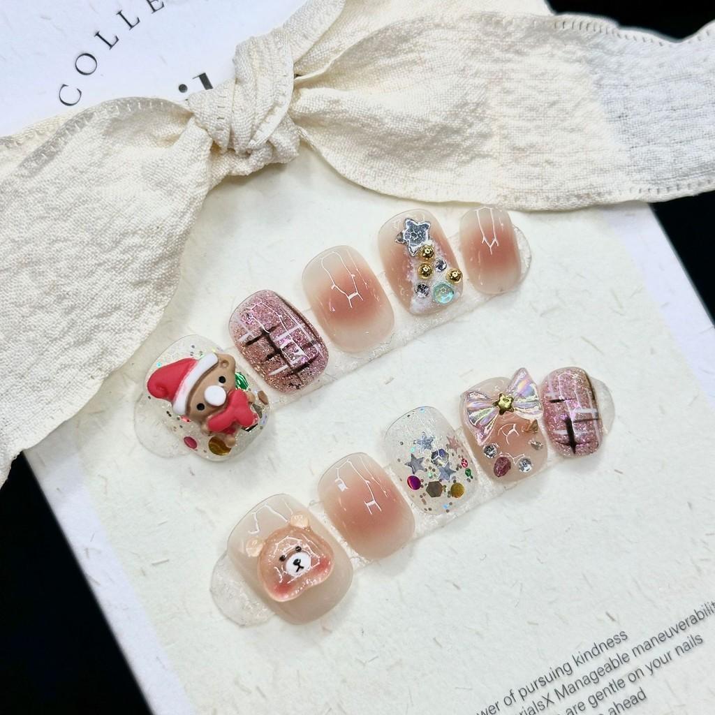 Sticker Christmas Nail Short Round Santa Bear Christmas Tree Powder Bow Blusher