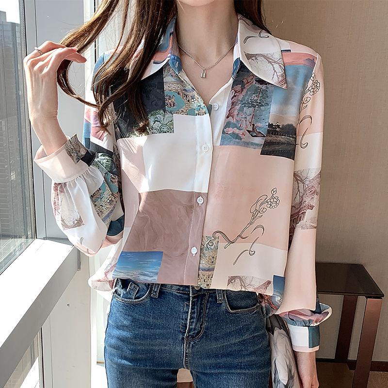 Vintage Fashion Printing Long Sleeve Shirt Women's Clothing Spring Korean Turn-down Collar Single-breasted Casual Blouses