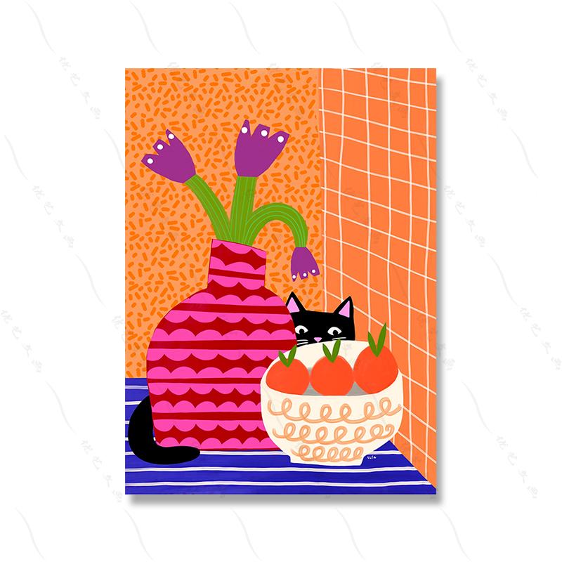 

Абстрактный мультяшный постер с котом, настенный художественный принт, детская комната, домашний декор, натюрморт, пятнистый кот, растение, цветочный горшок, холст, живопись, фотографии 21x30cm No Framed