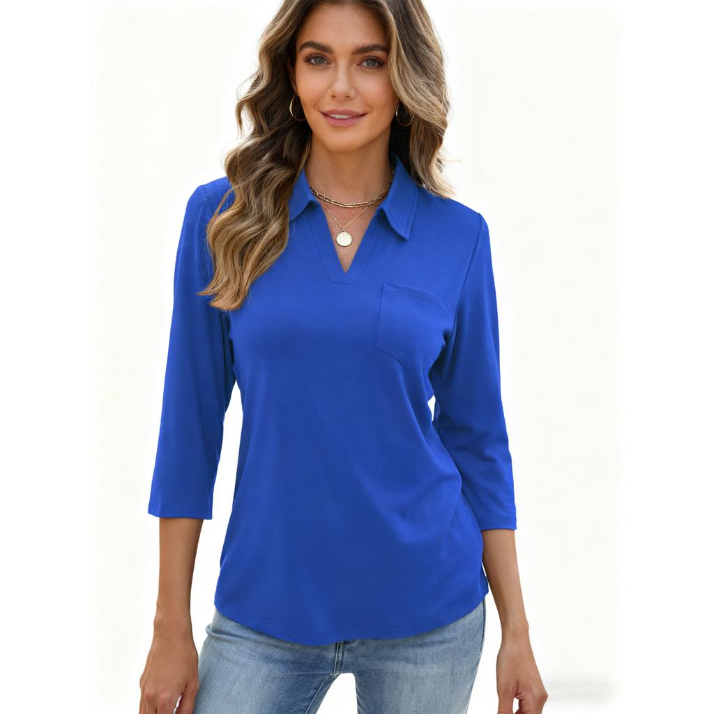 Women's Fashion Casual Lapel Short 3/4 Sleeve Color Shirt Women's Up Tops