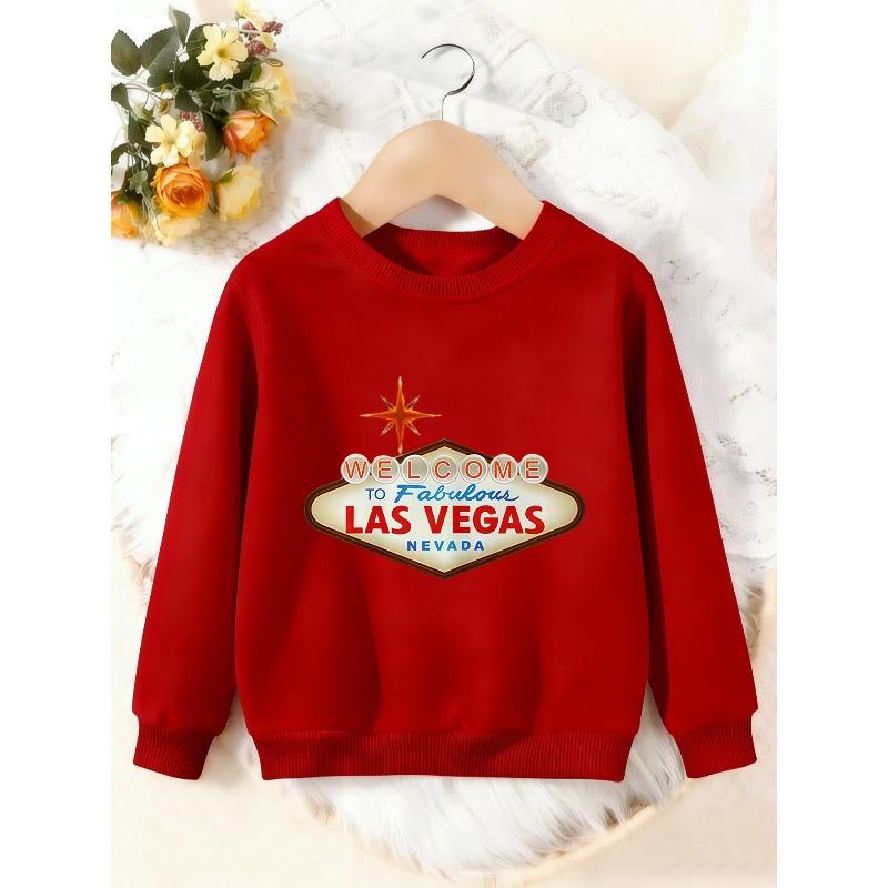 Unisex Kids Crewneck Sweatshirt, Welcome To Las Vegas Sign Print Pullover, Boys Girls Vintage Travel Casual Sweatshirt For Kids Over 4 Years Old