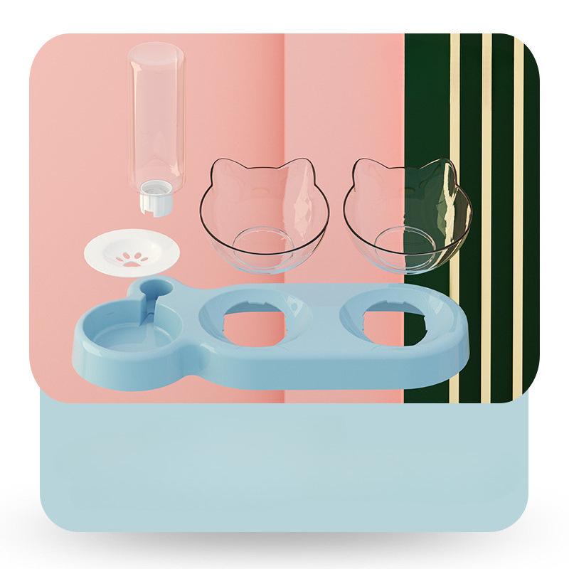 3 Piece Cat Bowl Set Double Food Water Feeder Non Spill Plastic Pet Bowls Grey Transparent Brown Blue Pink Pet Supplies KTY