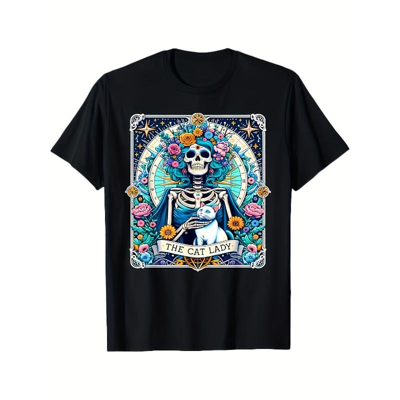 European sizes Skeleton Cat Card T-Shirt - Gothic White Cat & Floral Print with The Cat Text - Soft Black Short Sleeve Round Neck Tee for Men