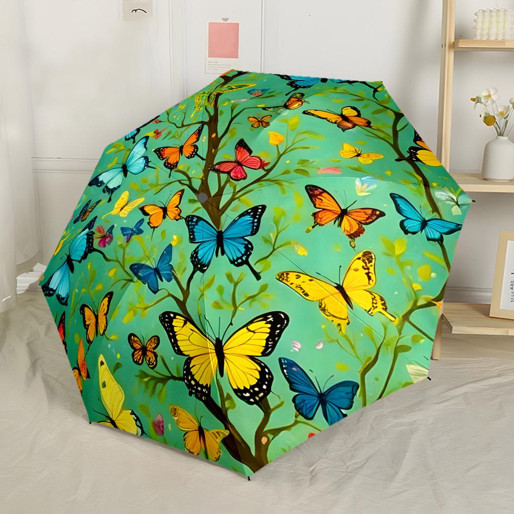 Colorful Butterfly Stained Glass Portable Automatic Umbrella with 8-Rib Lightweight All-Season Travel Fashion Lovers Perfect Gift for Women/Men