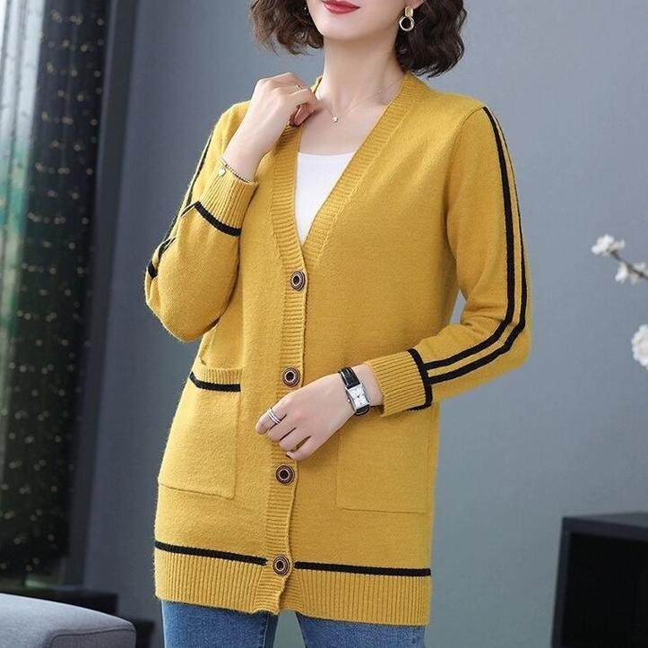 Dzianinowy sweter kardigan dla kobiet na jesień i zimę z dekoltem w serek, dzianinowy płaszcz, luźny sweter płaszcz o średniej długości