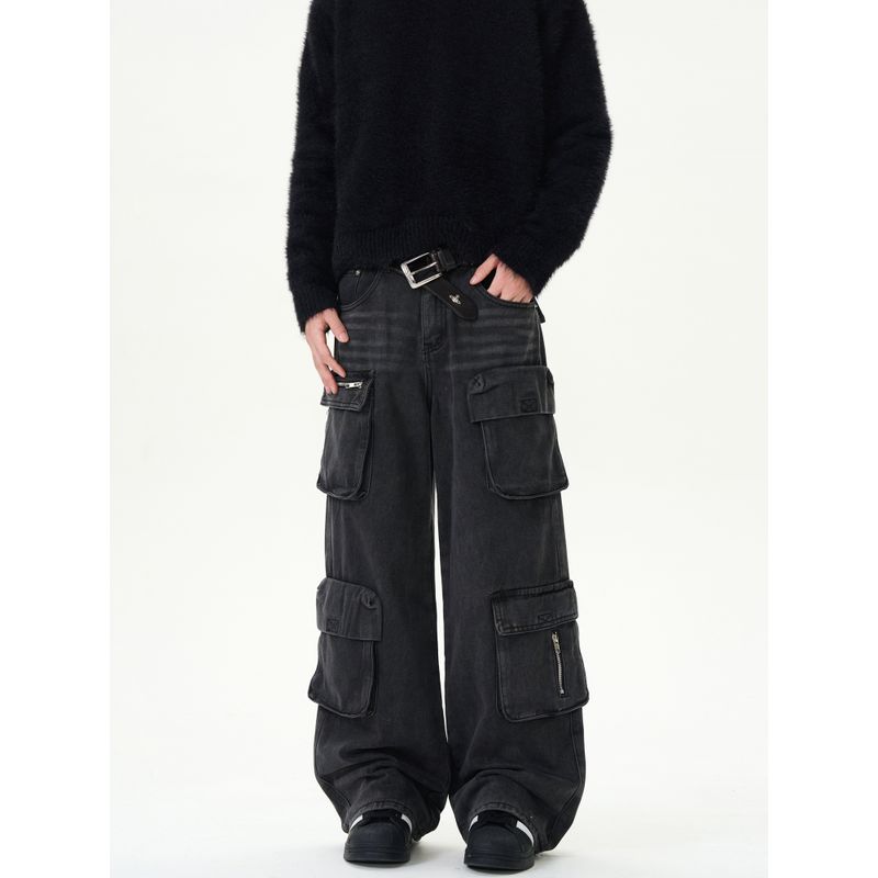 Kisko American Retro Heavy-Duty Multi-Pocket High-Waisted Workwear Jeans Unisex Loose Straight-Leg Distressed Pants Trendy