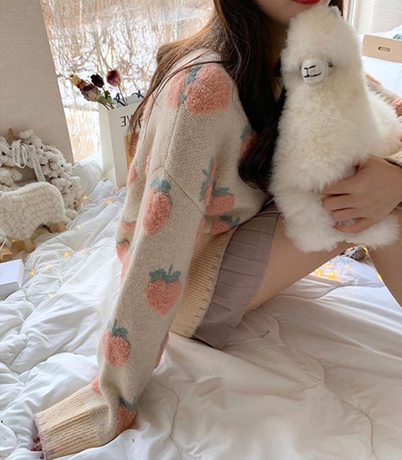 Suéter de Punto de Invierno para Mujer Bordado de Fresa Jerséis Oversize Harajuku Casual Cuello O Tejido Holgado Jersey Suéter Mujer