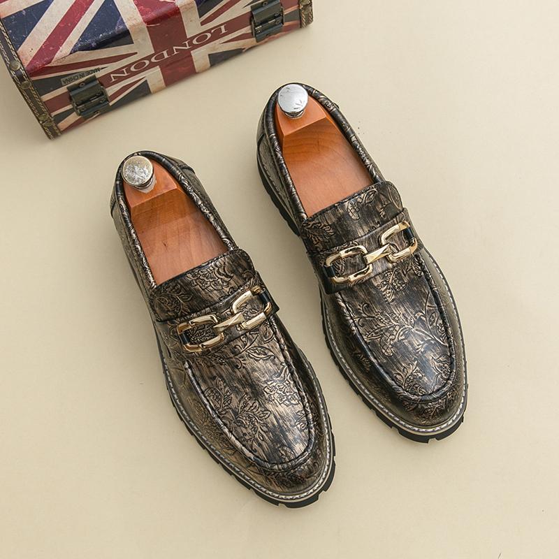 Golden Print Man Dress Shoes Pointed-toe Designer Men Business Shoes Anti-slip Platform Formal Leather Shoes zapatos de vestir