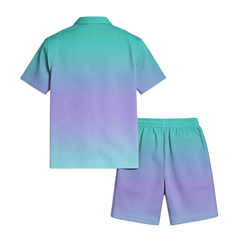 Men's Casual Short Sleeve Button Down Shirt and Drawstring Shorts Set Lightweight Breathable Summer Outfit with Gradient Design