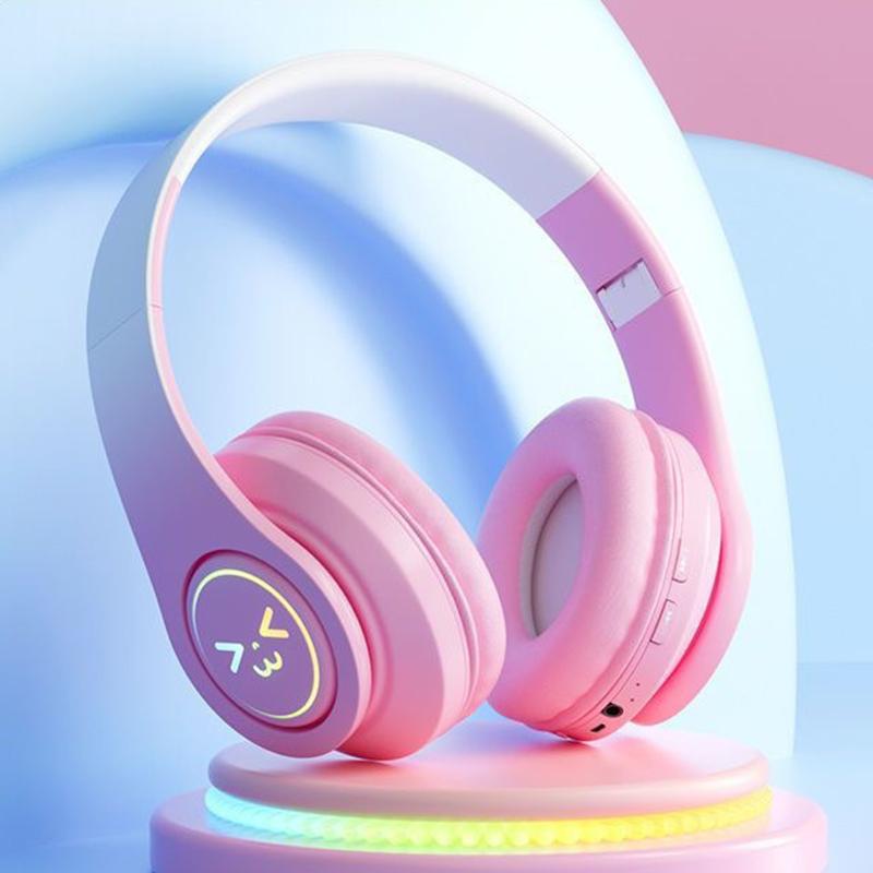 Cute Bluetooth Headphones Gradient Color Gaming Headphones Over-Ear Wireless Headset With Led Flashing, Lightweight Head-Mounted