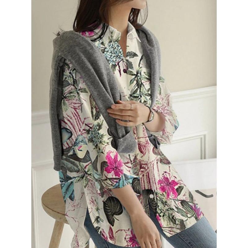 Fashion Long Sleeve Loose Large Size Printed Blouse Women Elegant Long Sleeve Office Ladies Casual Simple Tops Lapel Vintage Spring Summer Shirts
