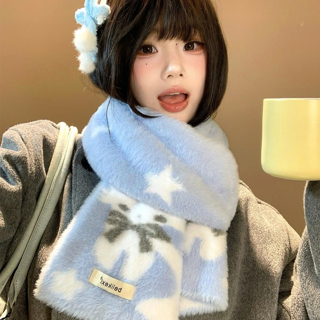 Cute cat soft waxy blue plush knitted scarf women's winter atmosphere warm couple neck protection thickened scarf