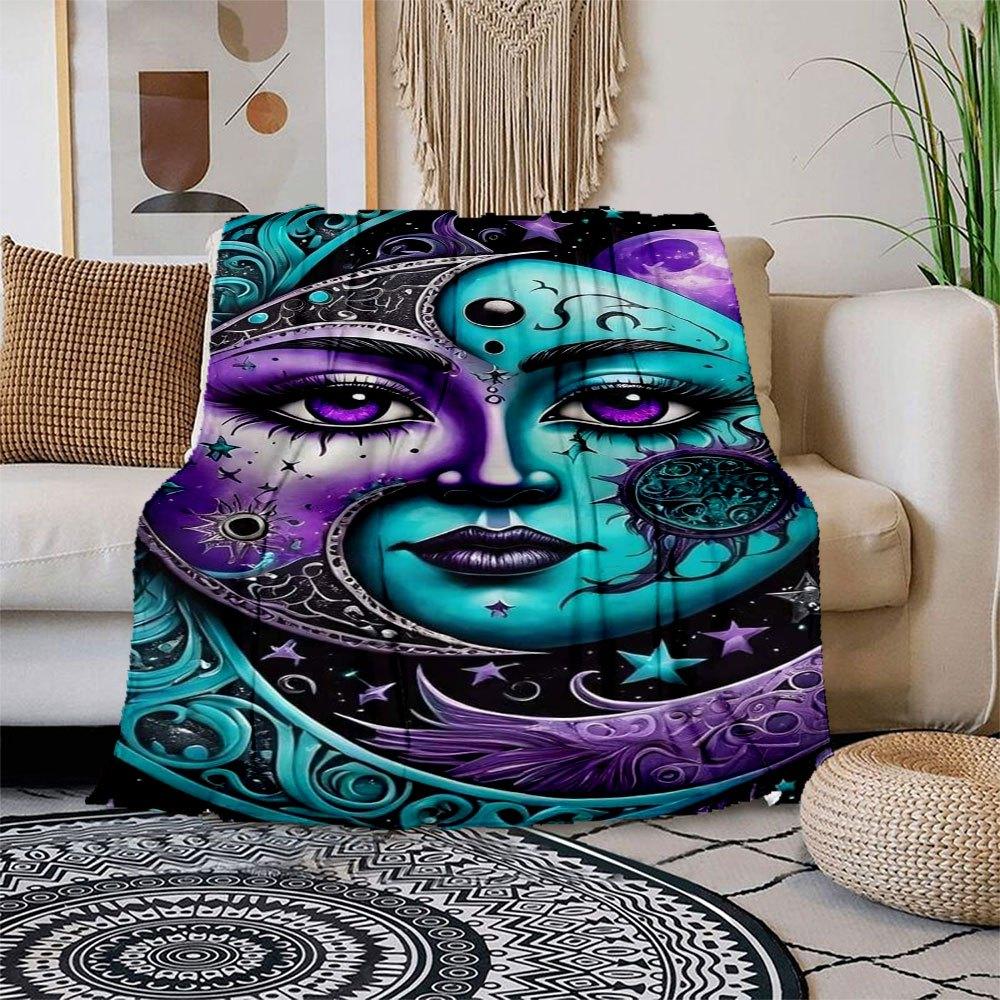 "Starry Night Moon Face Art Print - Celestial Wall Decor"Blanket Flannel Throw Blanket for Sofa, Bed, Travel, Camping, Office