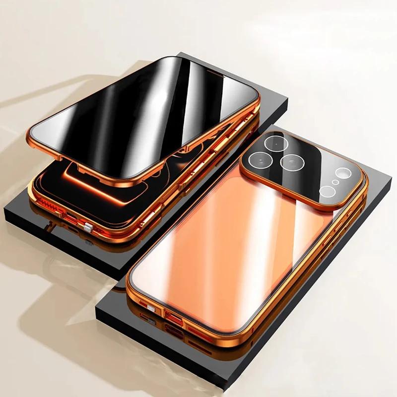 360° Volledige Bescherming Metalen Magnetisch Dubbelzijdig Glas Kliksluiting Privacy Hoesje Voor iPhone 17 16 15 14 13 12 Pro Max Plus 17E 16E