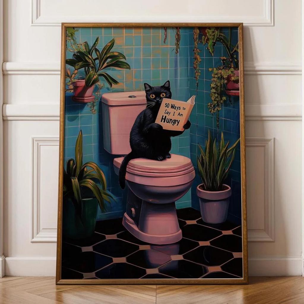 Vintage Black Cat Bathroom Wall Art, Toilet Fun Wall Art, Funny animal Bathroom Art, Quirky Bathroom Wall Decor, Bathroom Print