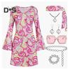 1 set da donna, fascia per capelli, retro, con paillettes, maniche a campana, vestibilità ampia, stampato, per Halloween, cosplay, hippie, discoteca, festa, abito da sera abbronzante