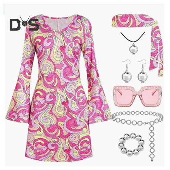 1 set da donna, fascia per capelli, retro, con paillettes, maniche a campana, vestibilità ampia, stampato, per Halloween, cosplay, hippie, discoteca, festa, abito da sera abbronzante