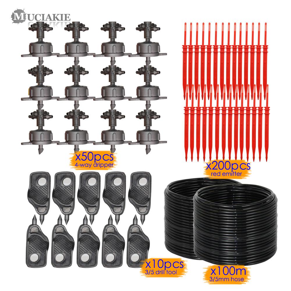 

100M 4LPH Четырехвыводной капельный комплект Системы Компенсационный эмиттер 1/8 Трубка Микрокапельные ирригационные комплекты Прямая стрела Капельный полив