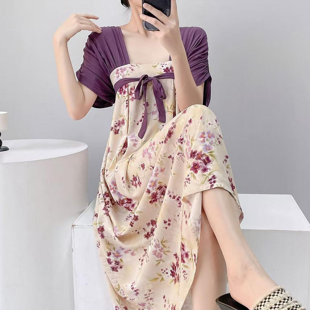 Improved Hanfu short-sleeved cotton and silk nightgown women's summer cotton and silk can be worn outside fairy air artificial cotton loungewear natio
