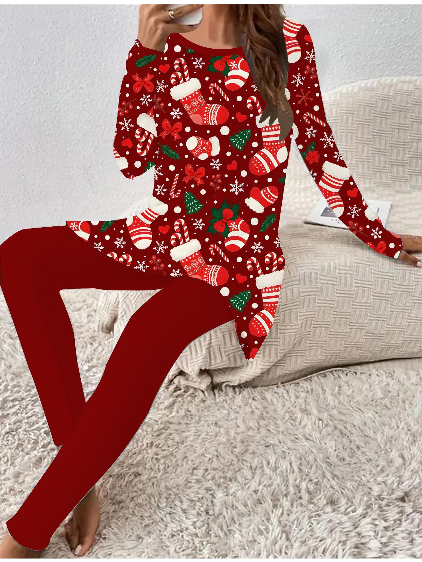 

Euro-American Fashion 3D Christmas Printed Women s Four-season Long-sleeved T-shirt + Long Pants Two-piece Set. Perfect Gift for New Year & Christmas 1XL