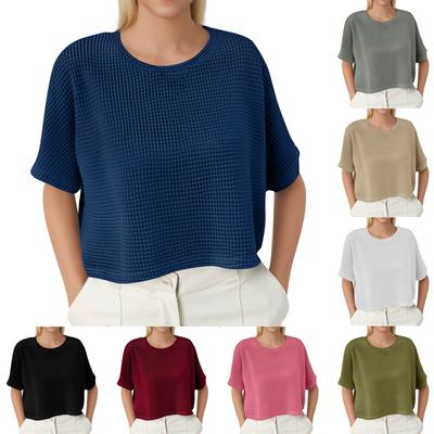 Ladies Summer Fashion Casual Solid Colour Drop Shoulder Sleeve Round Neck Short Sleeve T-Shirt Top