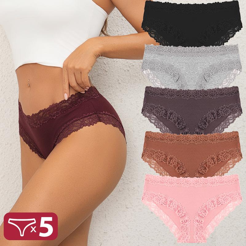 5PCS Cotton Panties Women Floral Lace Briefs Seamless Sexy Lingerie Low Rise Elastic Underpants Female Breathable Soft
