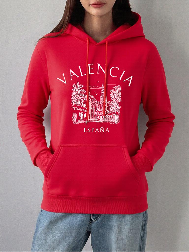 Valencia España Local Printing Hoodies Women Winter Fleece Warm Pullovers Casual Pocket Sweatshirts Comfortable Loose Clothes